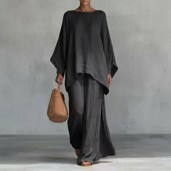 Sophisticated women's long sleeve & wide-leg pants two-piece set for an elegant, comfortable casual outfit.