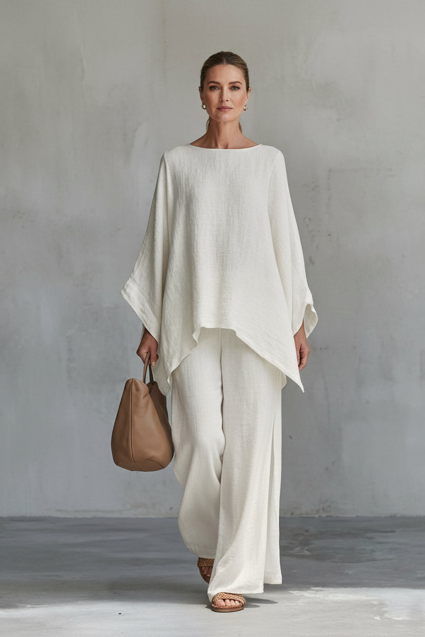 Comfortable & chic women's long sleeve wide-leg two-piece set, ideal for versatile summer & resort fashion.