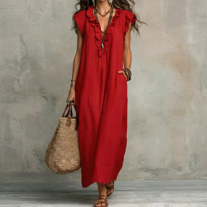 Women's casual elegant V-neck ruffled maxi dress. A versatile A-line design for any occasion.