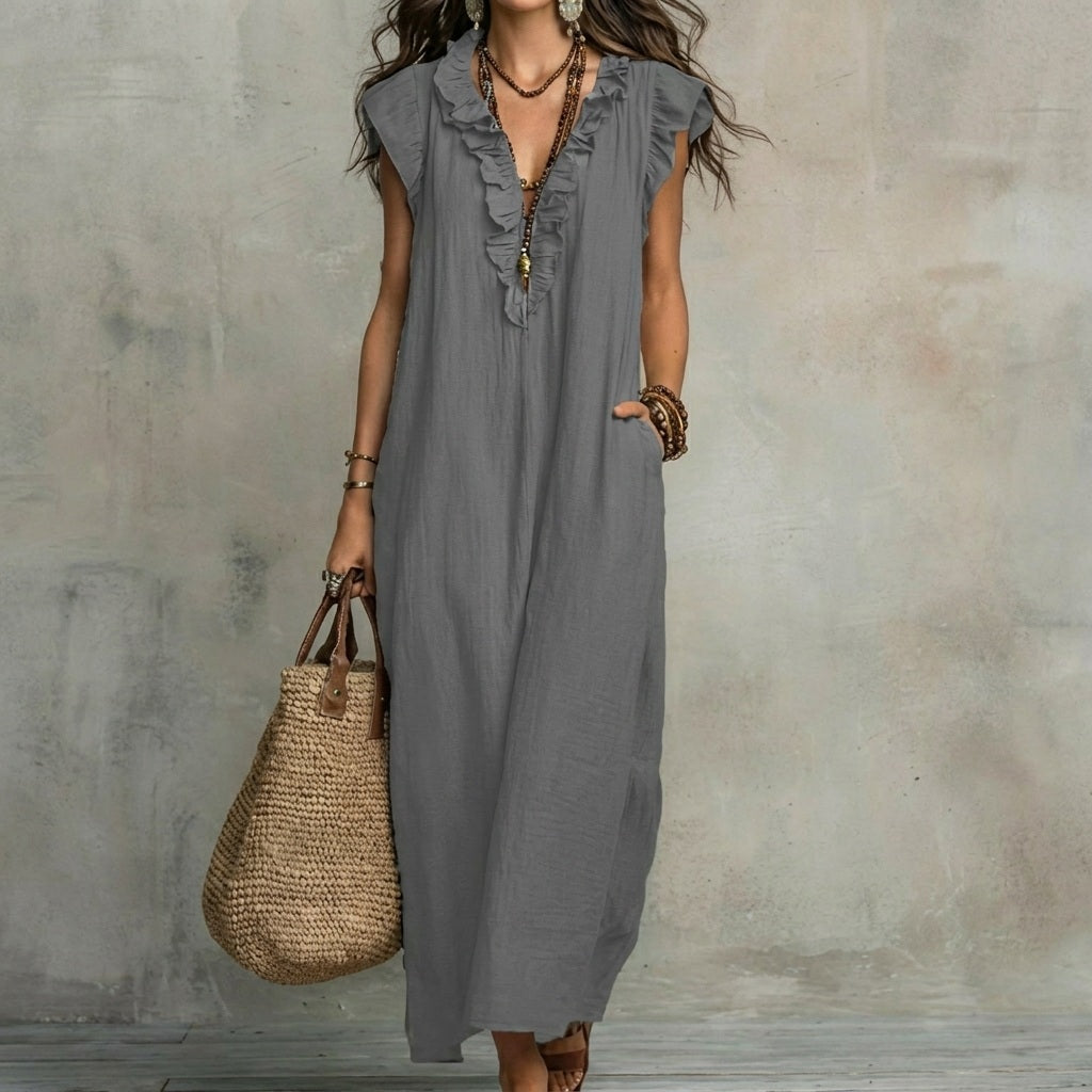 Chic women's summer maxi dress, featuring a comfortable A-line cut and elegant V-neck ruffles.