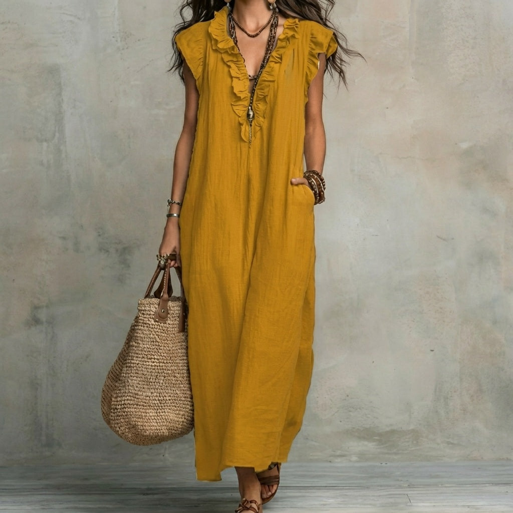 Sophisticated women's elegant maxi dress with ruffled V-neck, designed for comfort and style.