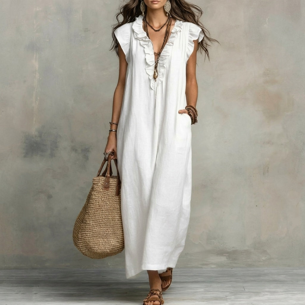 Stylish women's casual maxi dress with a flattering V-neck and delicate ruffles.