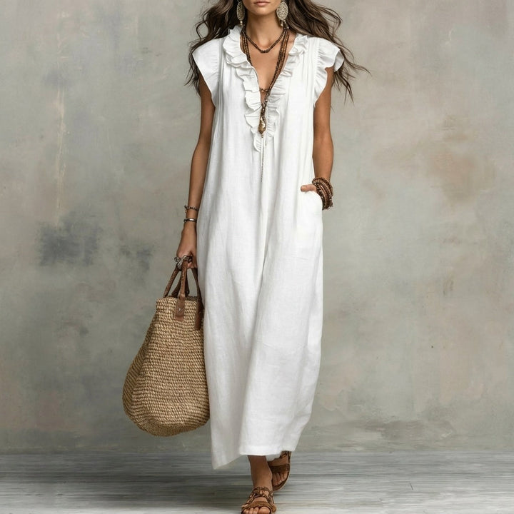Stylish women's casual maxi dress with a flattering V-neck and delicate ruffles.