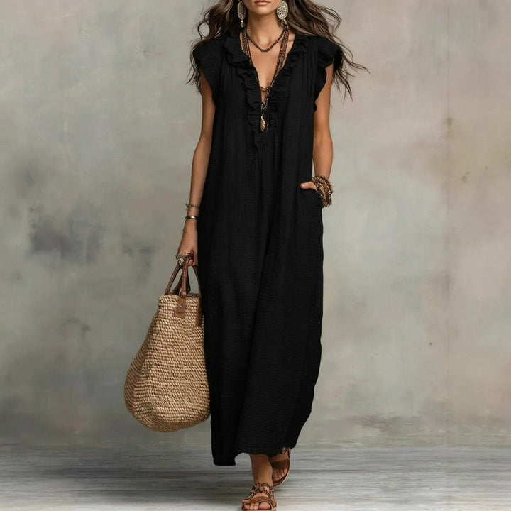 Elegant women's ruffle V-neck maxi dress, perfect for sophisticated style and comfort.