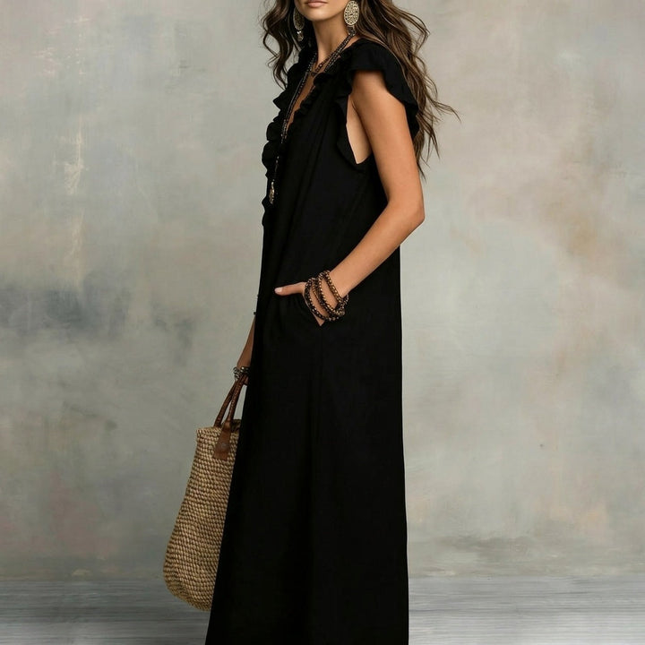 Comfortable A-line maxi dress with ruffled V-neck, ideal for versatile summer fashion.