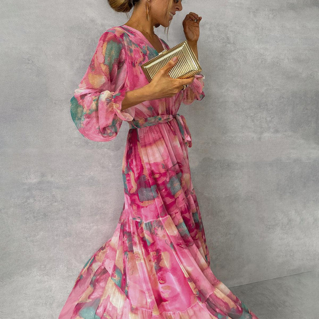 Elegant women's pink floral print wrap dress, perfect for spring/summer parties & wedding guests.