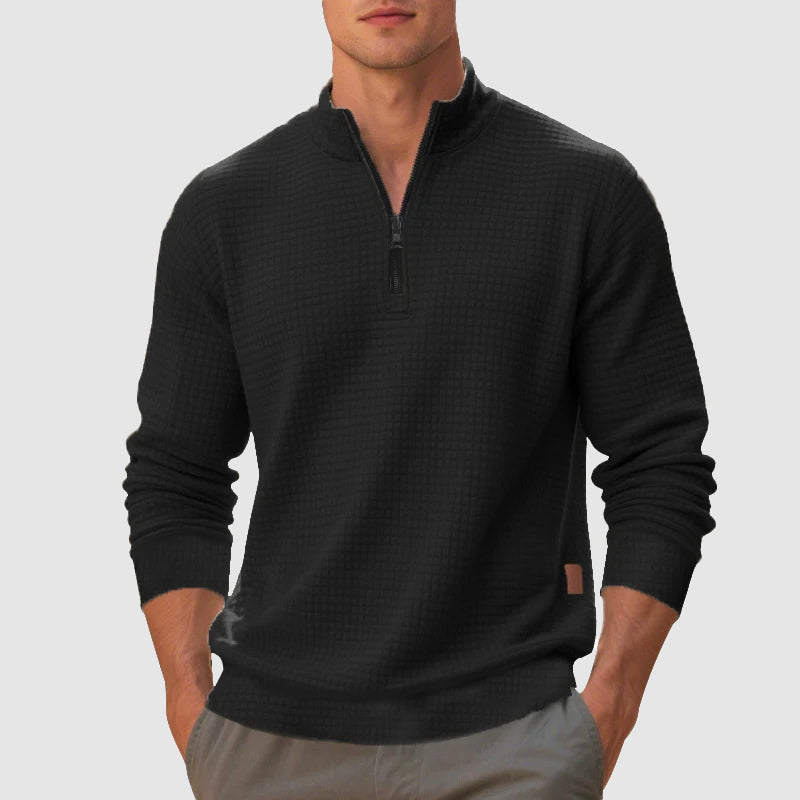 Stylish men's quarter-zip pullover sweater with stand collar, comfortable textured knit for casual wear.