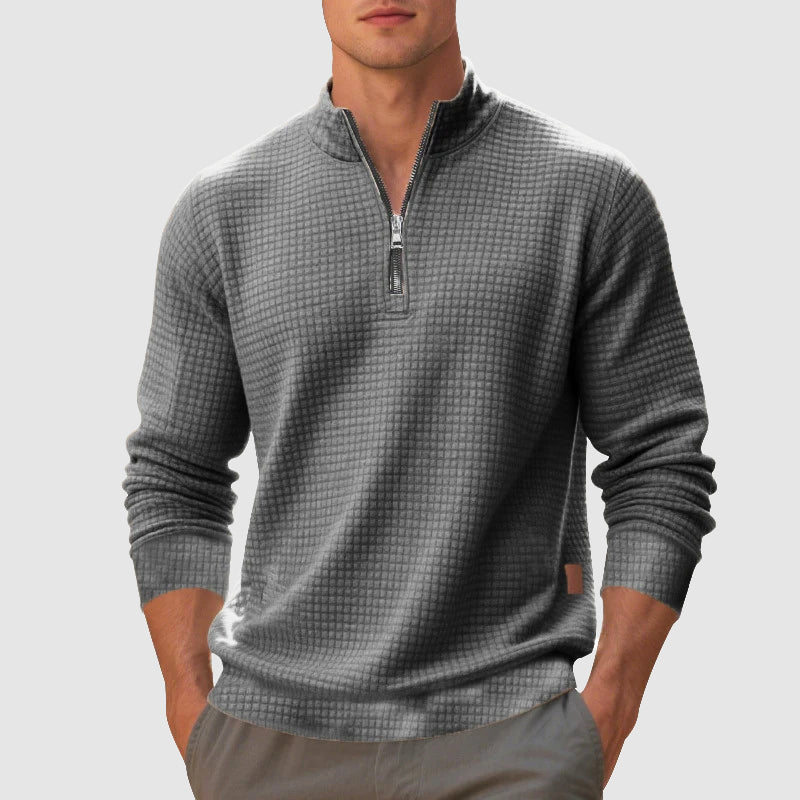 Men's quarter-zip stand collar jumper with a textured knit, perfect for casual layering & winter fashion.