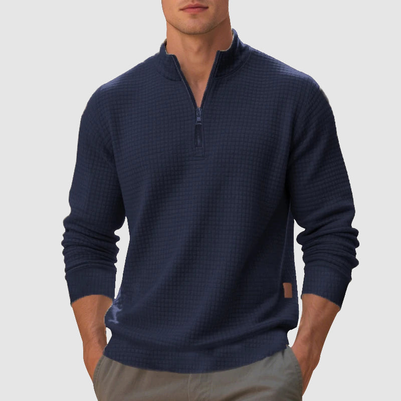 Close-up of men's quarter-zip jumper with stand collar and textured knit, showcasing quality & style.