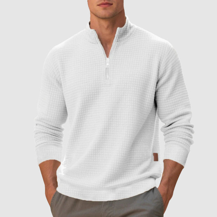 Versatile men's quarter-zip jumper, stand collar, ideal for casual layering, winter fashion, and mens fashion.