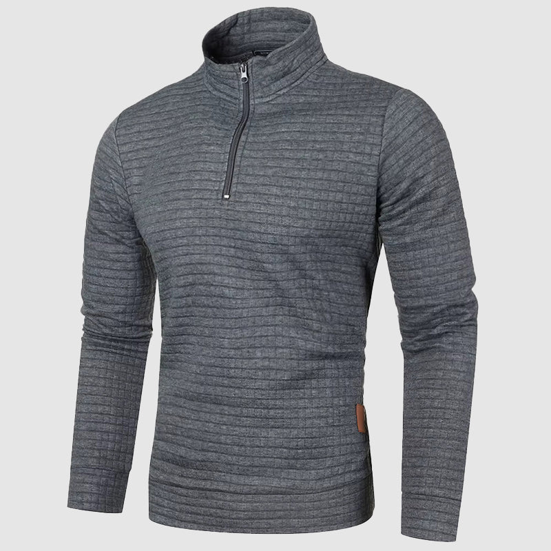 Mens fashion quarter-zip sweater, stand collar, textured knit, a comfortable pullover for casual winter wear.
