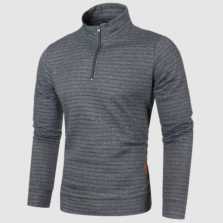 Mens fashion quarter-zip sweater, stand collar, textured knit, a comfortable pullover for casual winter wear.