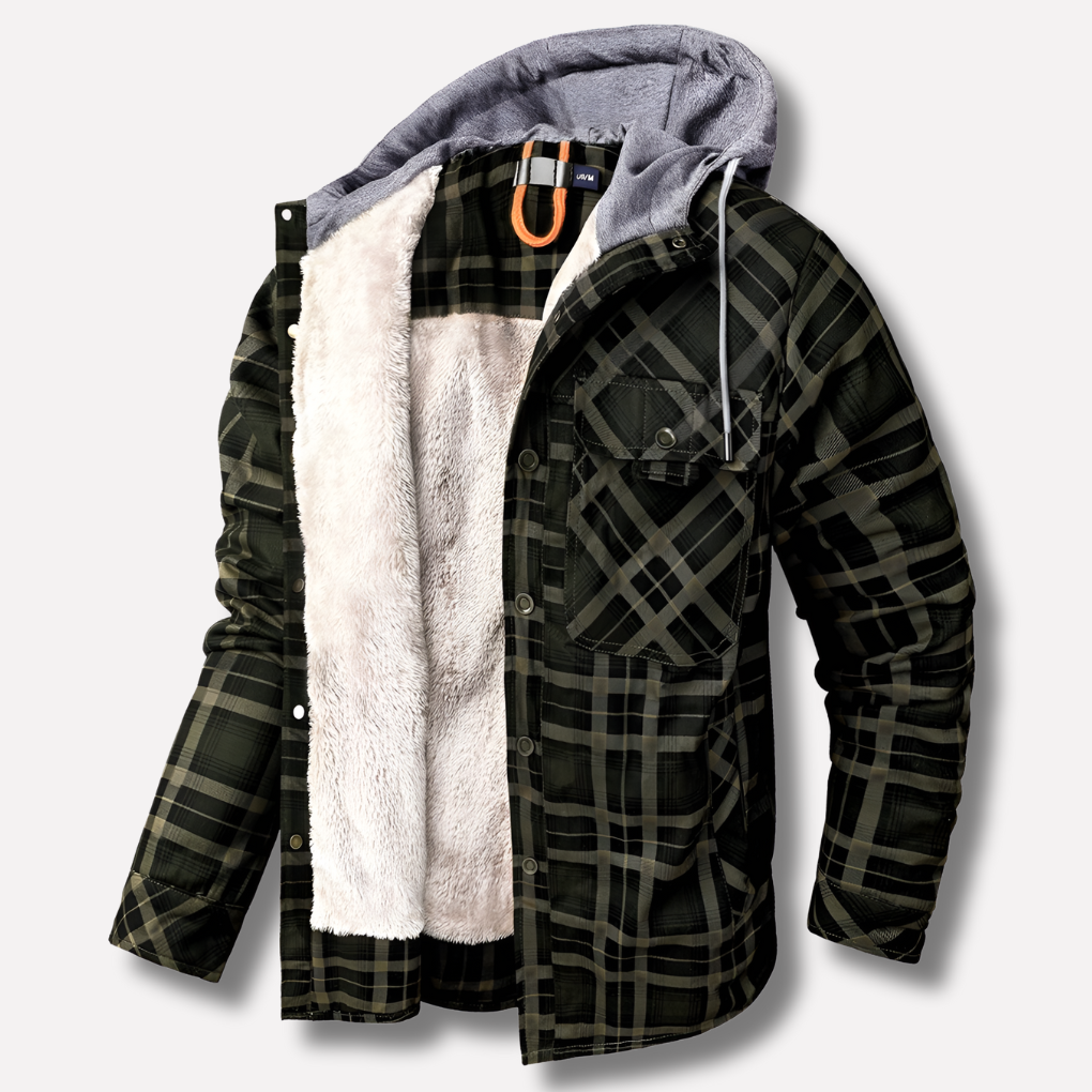 Stylish men's blue & grey plaid hooded shirt jacket, a cozy fall/winter shacket for everyday wear.