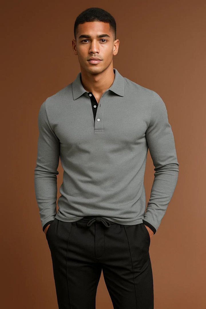 Men's long sleeve polo shirt with classic collar & button placket, ideal for casual men's fashion. Versatile top.