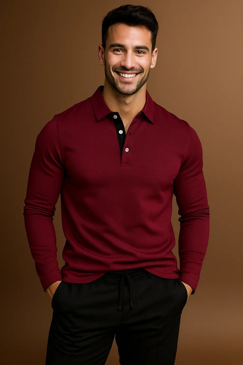 Durable men's long sleeve polo shirt, featuring a collared design, button placket, & ribbed cuffs for daily wear.