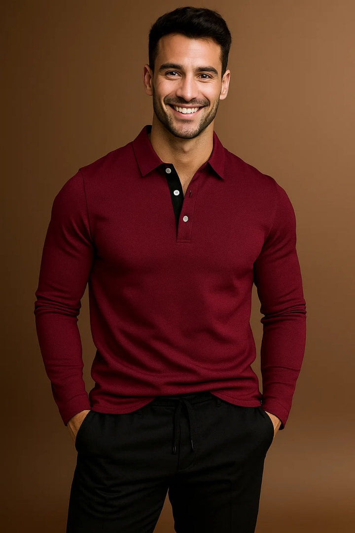 Durable men's long sleeve polo shirt, featuring a collared design, button placket, & ribbed cuffs for daily wear.