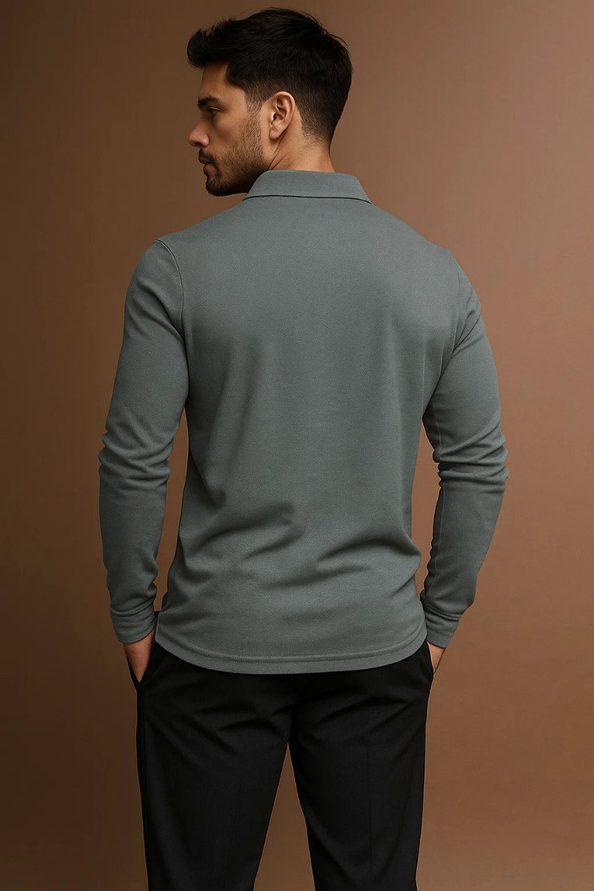 Stylish men's long sleeve collared polo shirt, perfect for casual wear & versatile all-season men's fashion.