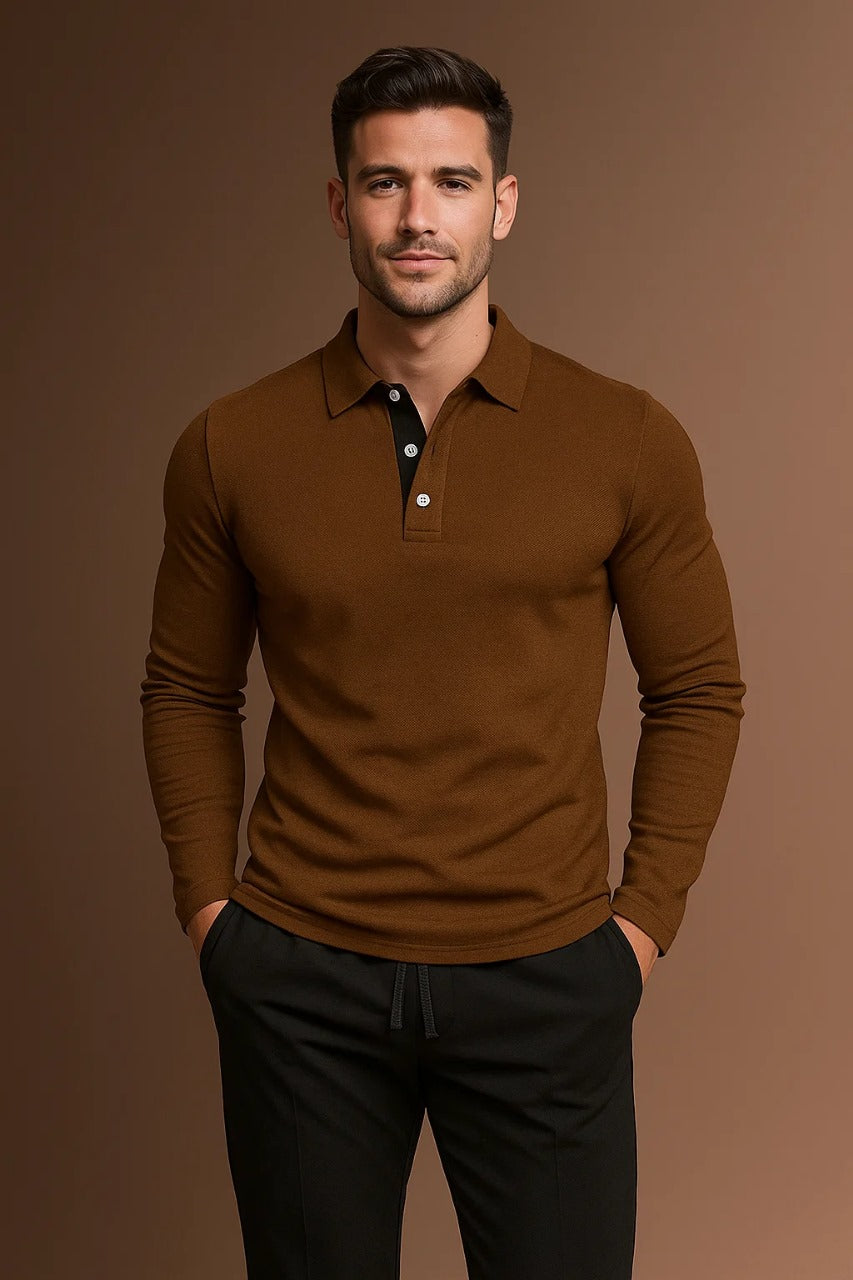 Comfortable men's long sleeve polo with ribbed cuffs, collar, & button placket for casual & everyday wear.
