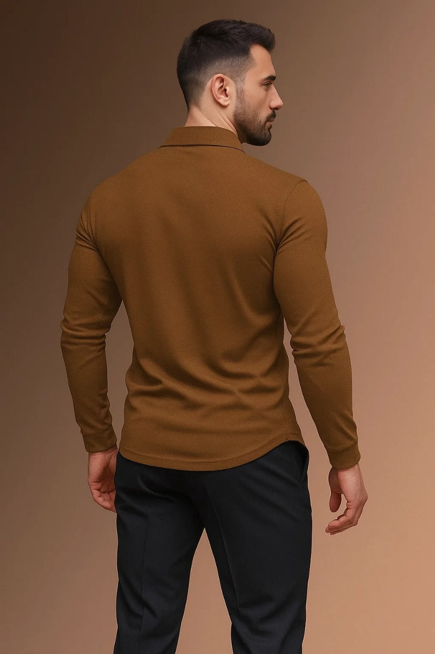Versatile men's long sleeve collared polo shirt, an all-season top with button placket for smart-casual style.