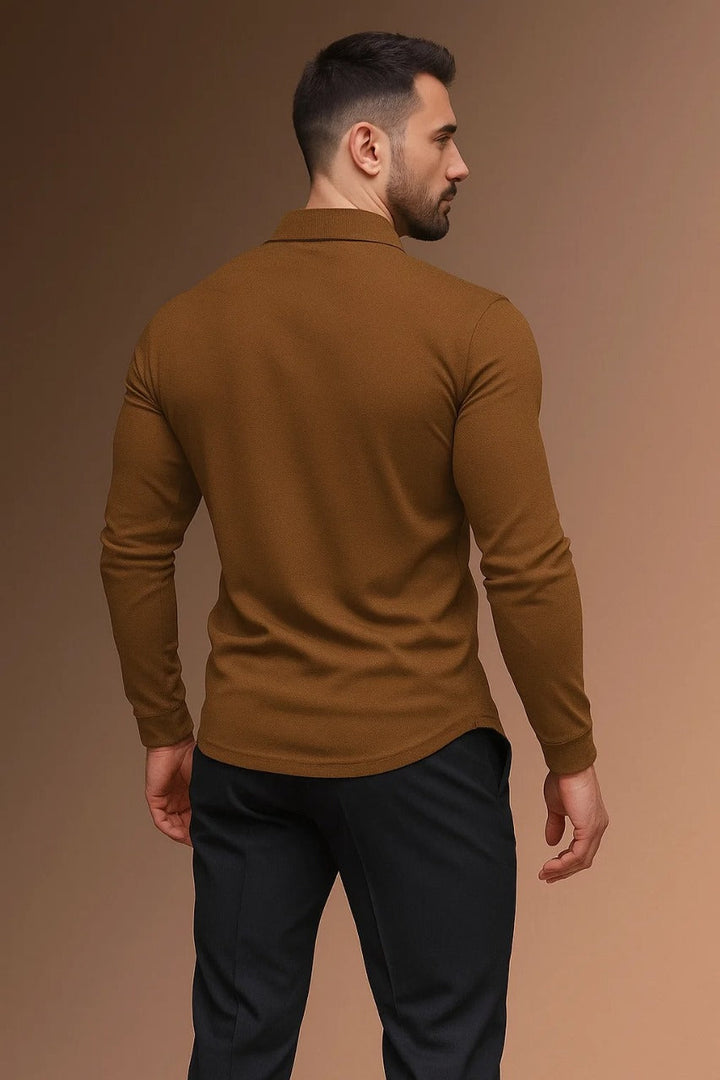 Versatile men's long sleeve collared polo shirt, an all-season top with button placket for smart-casual style.