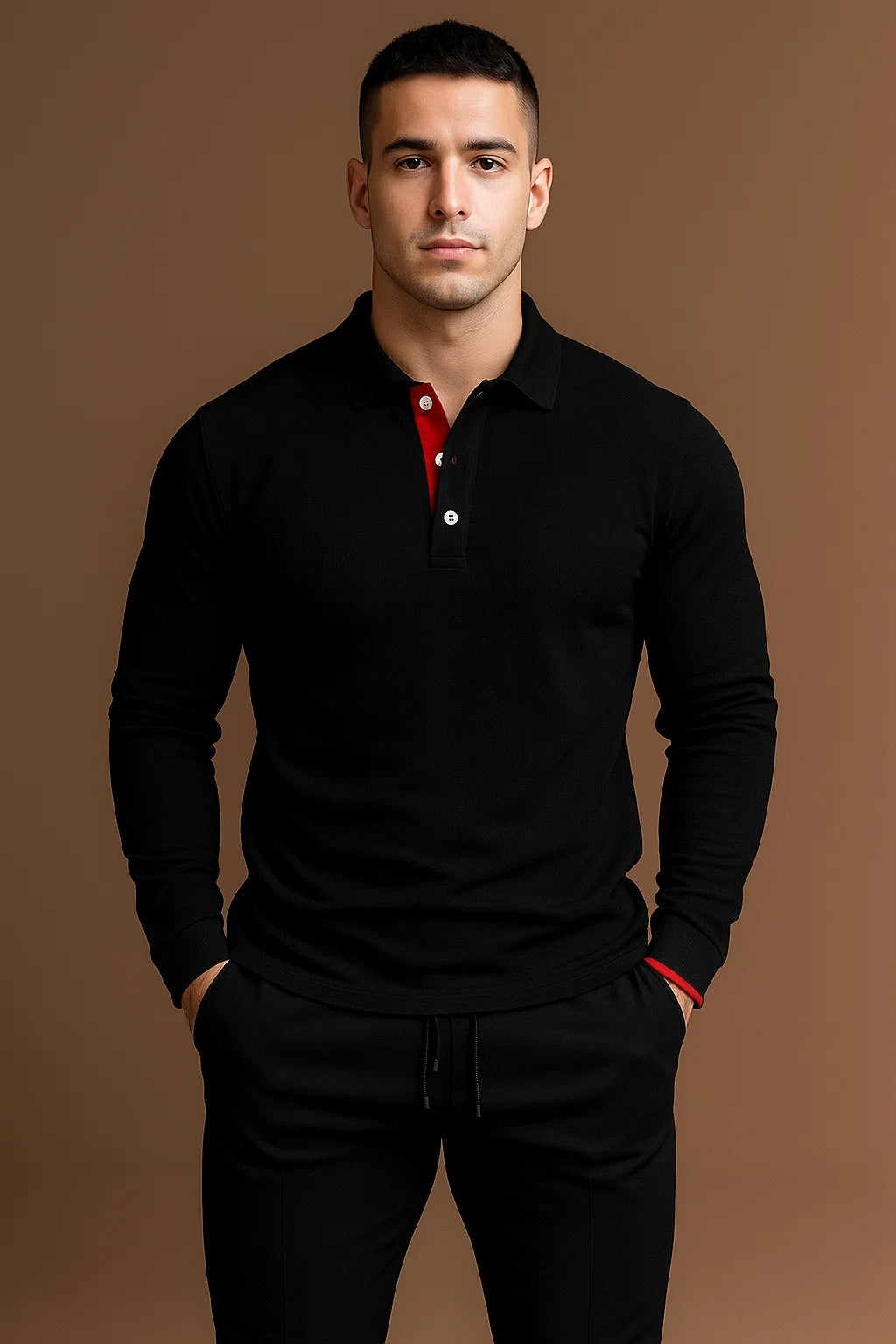Front view of men's long sleeve polo shirt, featuring a classic collar and elegant button placket detail.