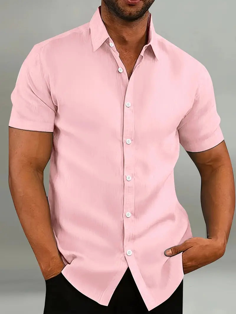 Classic men's tailored short-sleeve shirt with collar, lightweight and breezy for summer.
