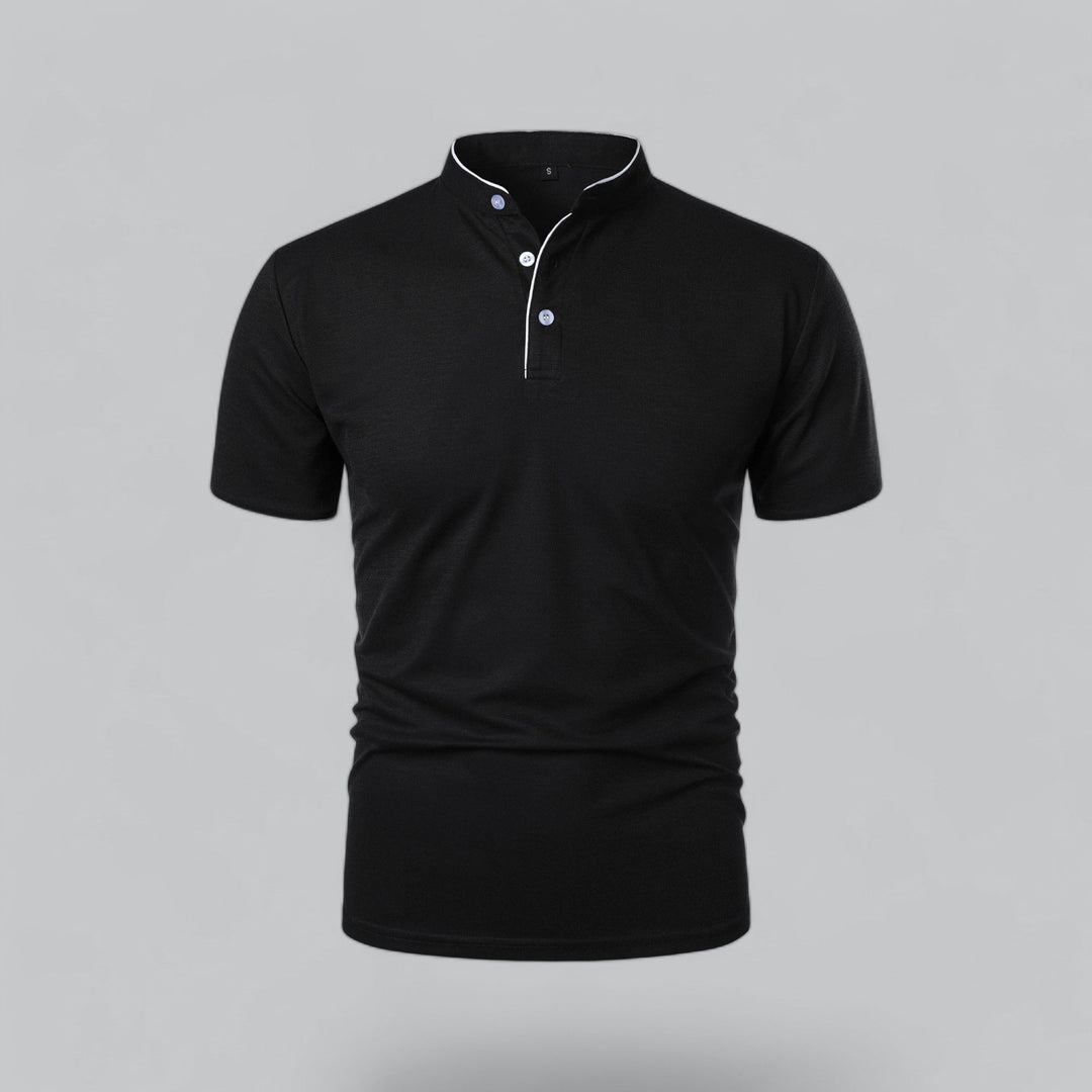 White men's collarless polo shirt, versatile smart casual summer style, classic look.