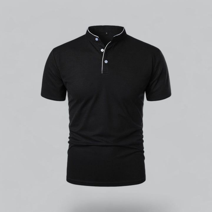 White men's collarless polo shirt, versatile smart casual summer style, classic look.
