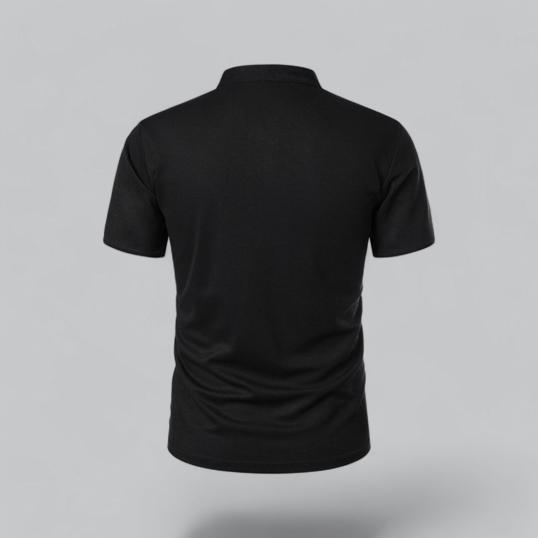 Black men's collarless polo, modern classic for sophisticated old money aesthetic.