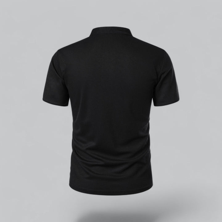 Black men's collarless polo, modern classic for sophisticated old money aesthetic.