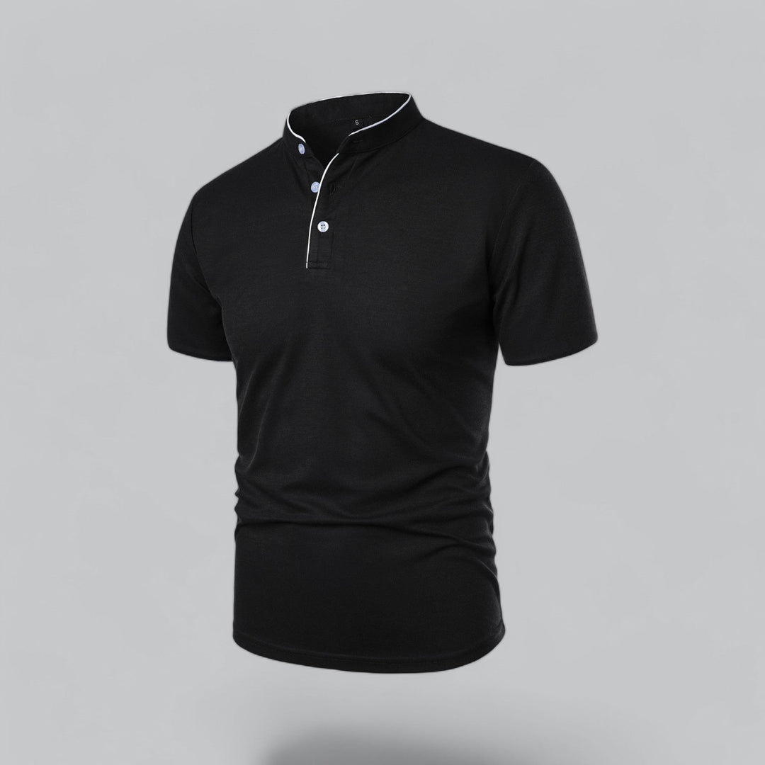 Grey men's short sleeve collarless polo, perfect for refined smart casual spring outfits.