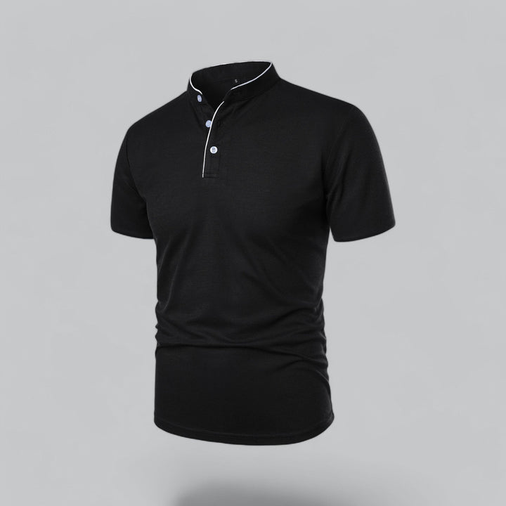 Grey men's short sleeve collarless polo, perfect for refined smart casual spring outfits.