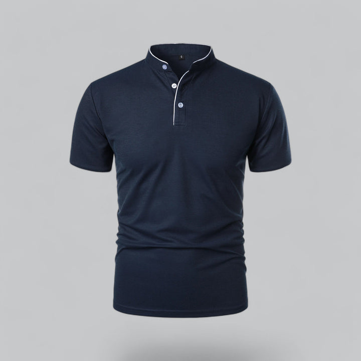 Beige men's collarless polo shirt, sophisticated old money summer fashion, versatile.