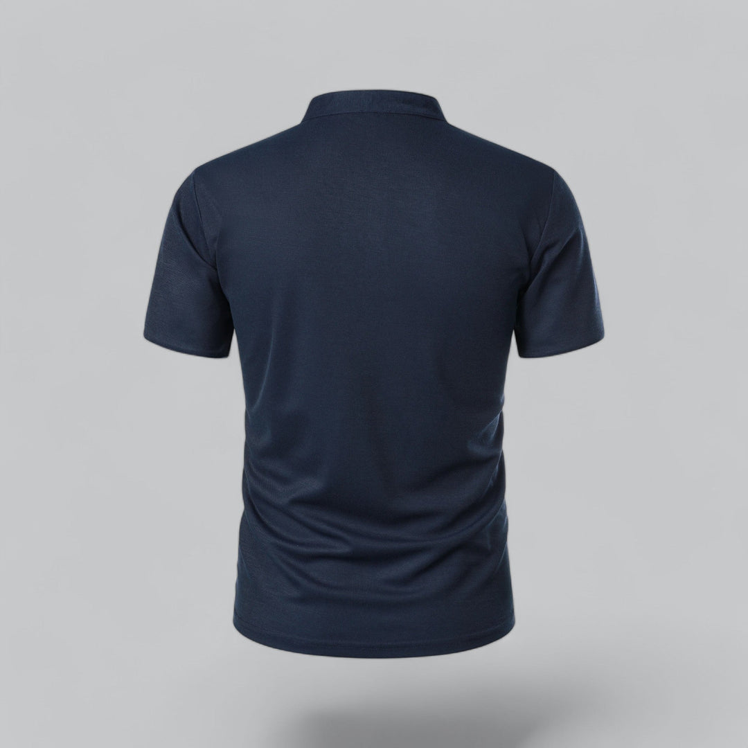 Men's collarless polo, close-up of refined fabric & tailored fit for a sleek look.