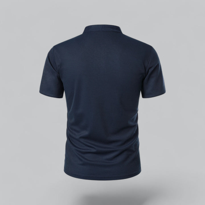 Men's collarless polo, close-up of refined fabric & tailored fit for a sleek look.
