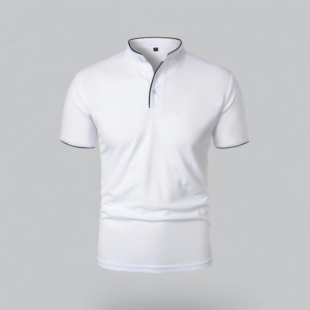 Men's collarless polo, ideal for a sophisticated business casual office environment.