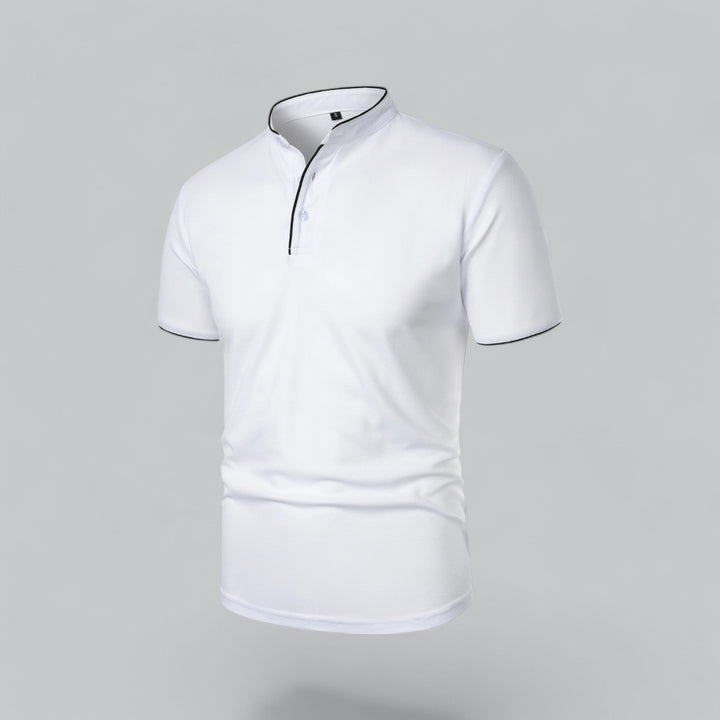 Spring fashion men's collarless polo, classic short sleeve for an elegant outfit.