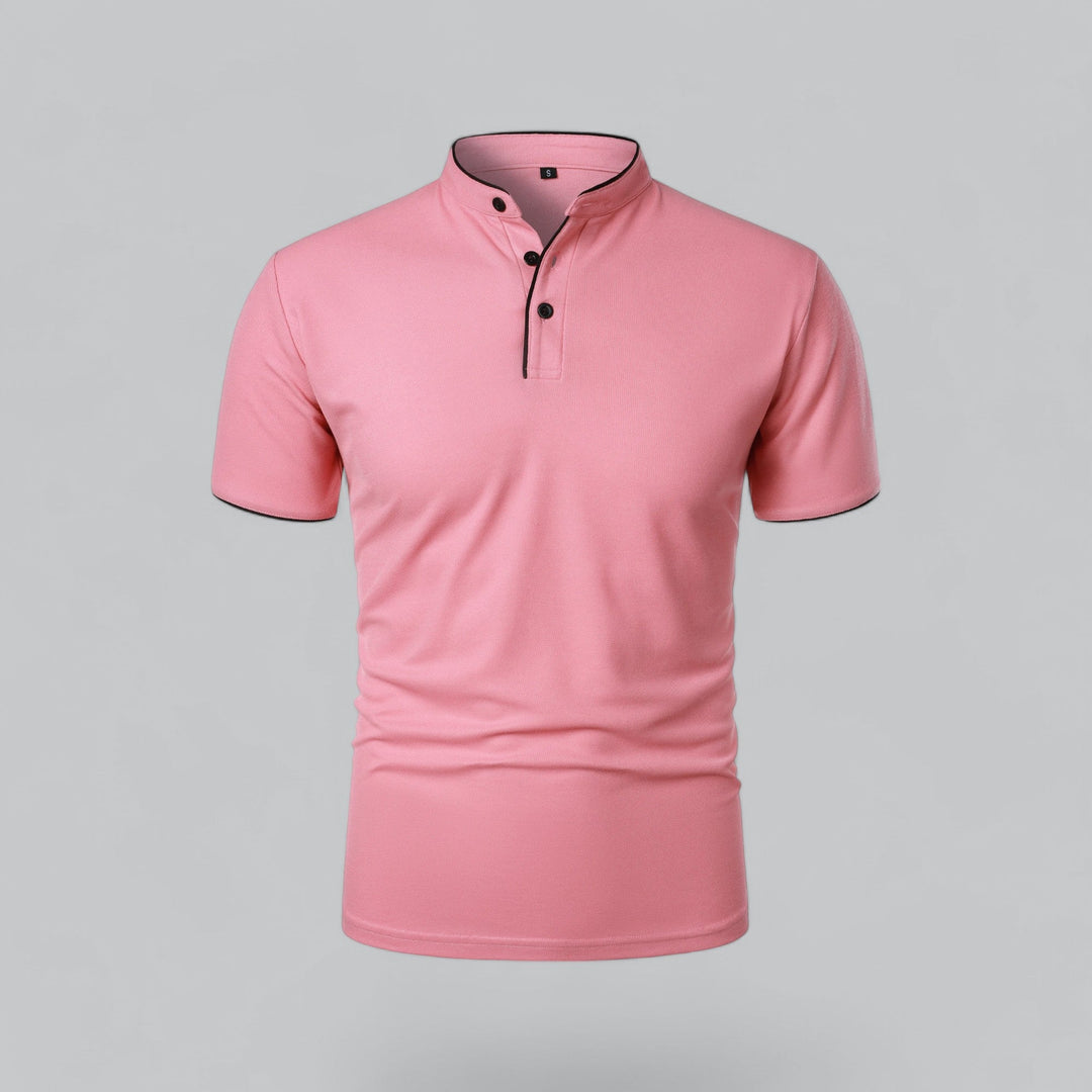 Versatile men's collarless polo shirt, easily dressed up or down for any occasion.