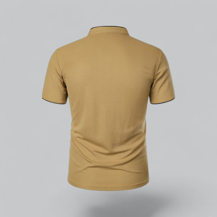Classic men's short sleeve polo, refined collarless design perfect for summer fashion.