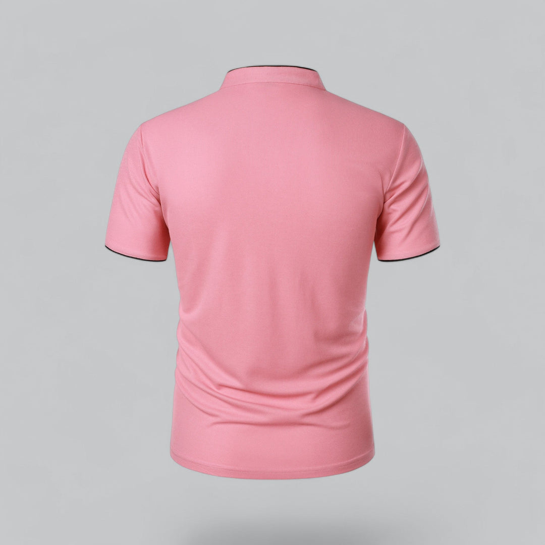 Refined old money men's collarless polo, a staple for a sophisticated wardrobe.