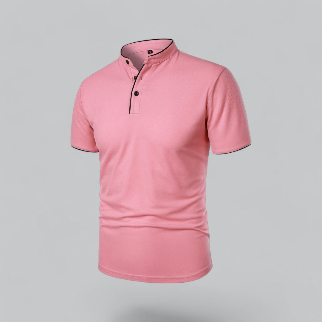 Men's modern classic collarless polo, merging comfort with elegant smart casual.