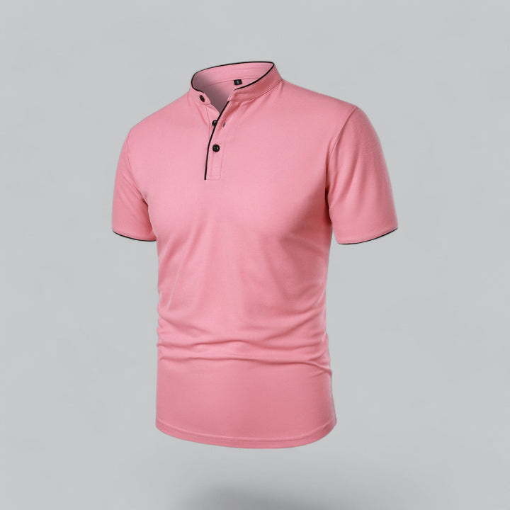 Men's modern classic collarless polo, merging comfort with elegant smart casual.