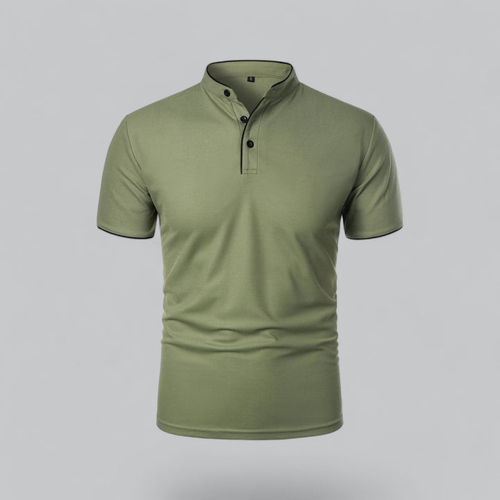 Collarless polo shirt for men, showcasing refined details and a premium feel.