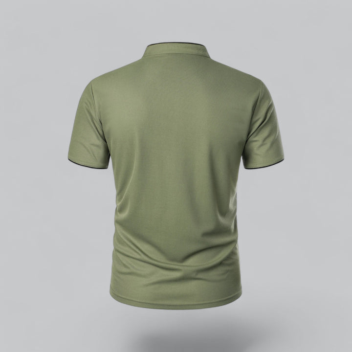 Sophisticated men's short sleeve collarless polo, perfect for a crisp, clean look.