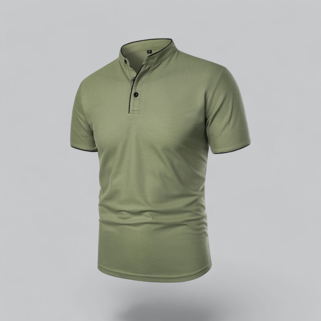 Men's collarless polo, embodying old money aesthetic with a contemporary twist.