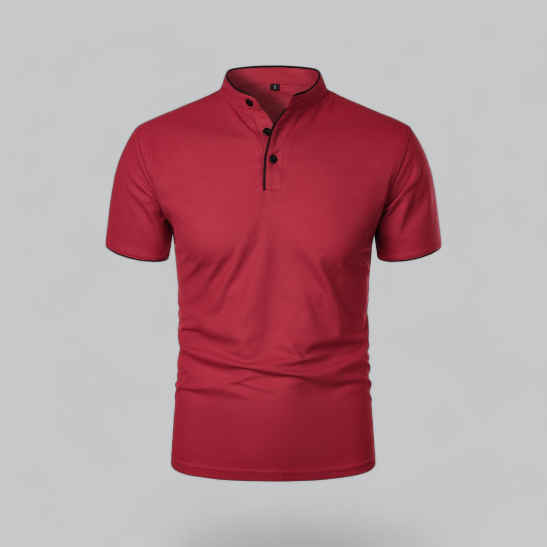 Smart casual men's collarless polo shirt, an essential for a polished spring look.