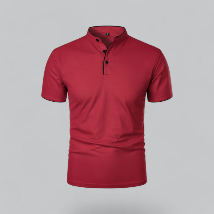 Smart casual men's collarless polo shirt, an essential for a polished spring look.