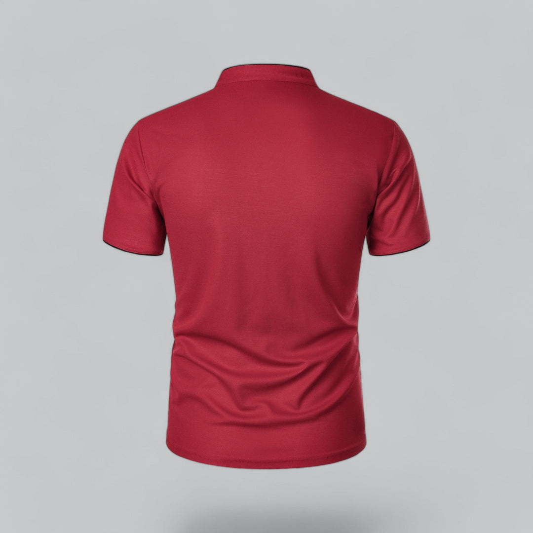 Business casual men's collarless polo, offering a professional yet relaxed style.