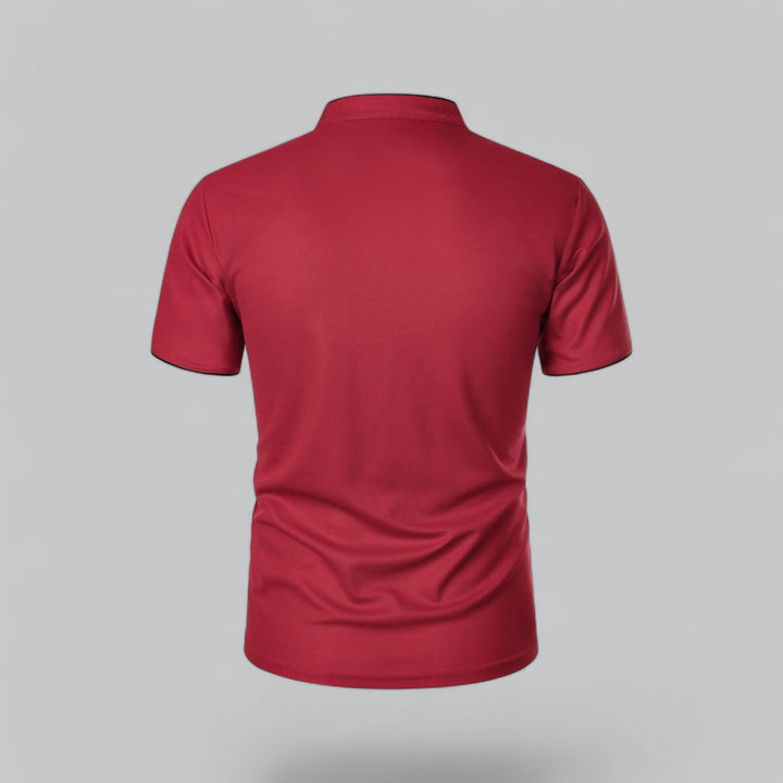Business casual men's collarless polo, offering a professional yet relaxed style.