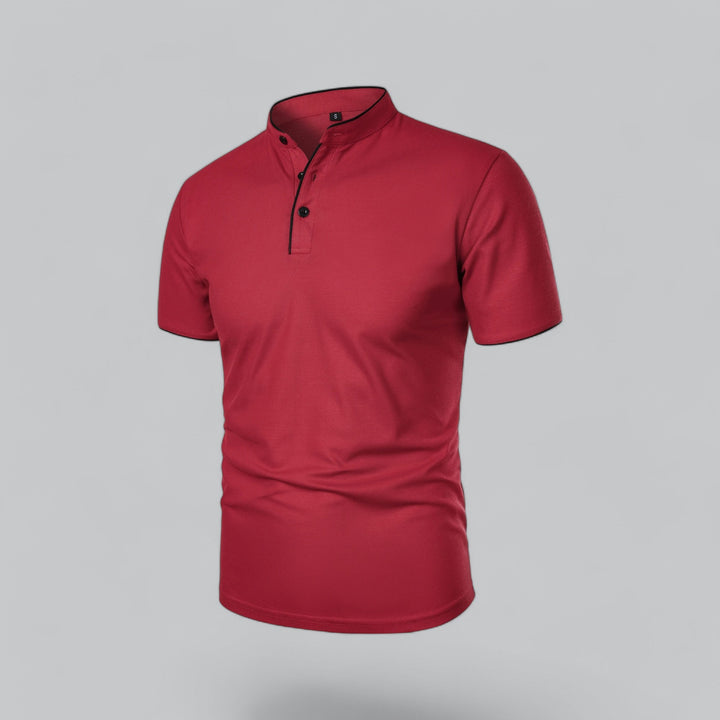 Men's collarless polo, designed for versatile spring/summer fashion and comfort.